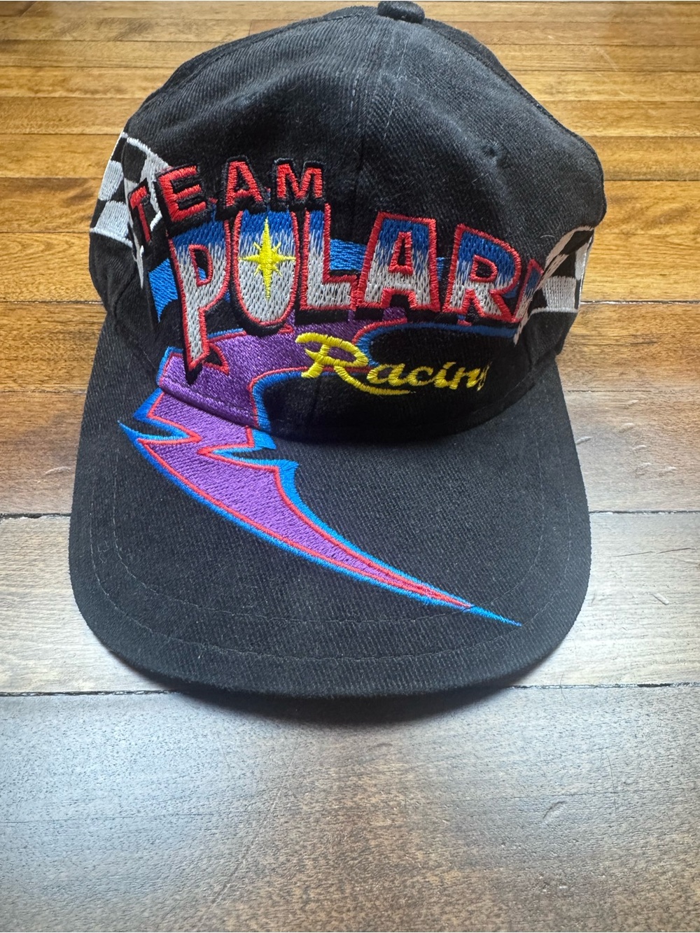 Vintage 90 Team Polaris Racing Hat Embroidered Black & Purple w/ Racing Stripes